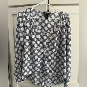 White House Black Market, long sleeve blouse, size 12. Black/white with green